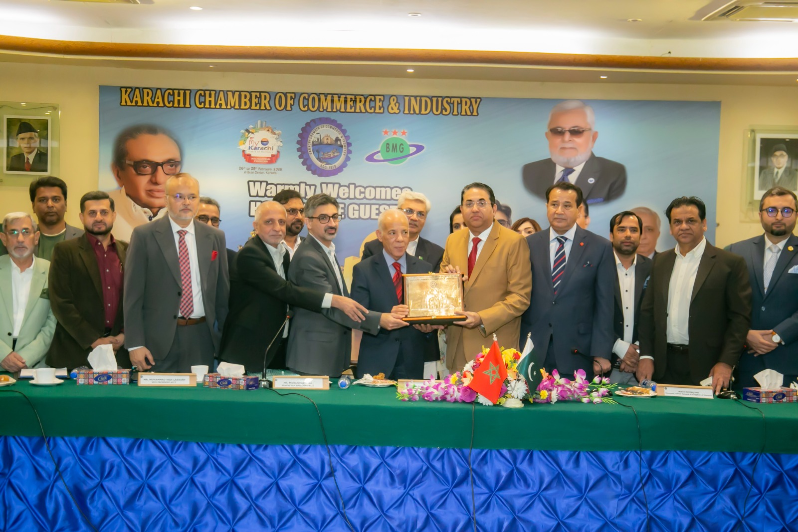 KCCI President Muhammad Rehan Hanif presenting crest to Morocco Ambassador Mohamed Karmoune