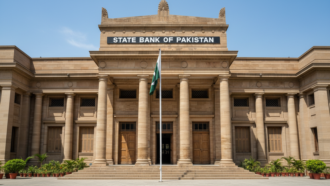 “Front view of the State Bank of Pakistan building in Karachi featuring its historic architecture and tall columns.”