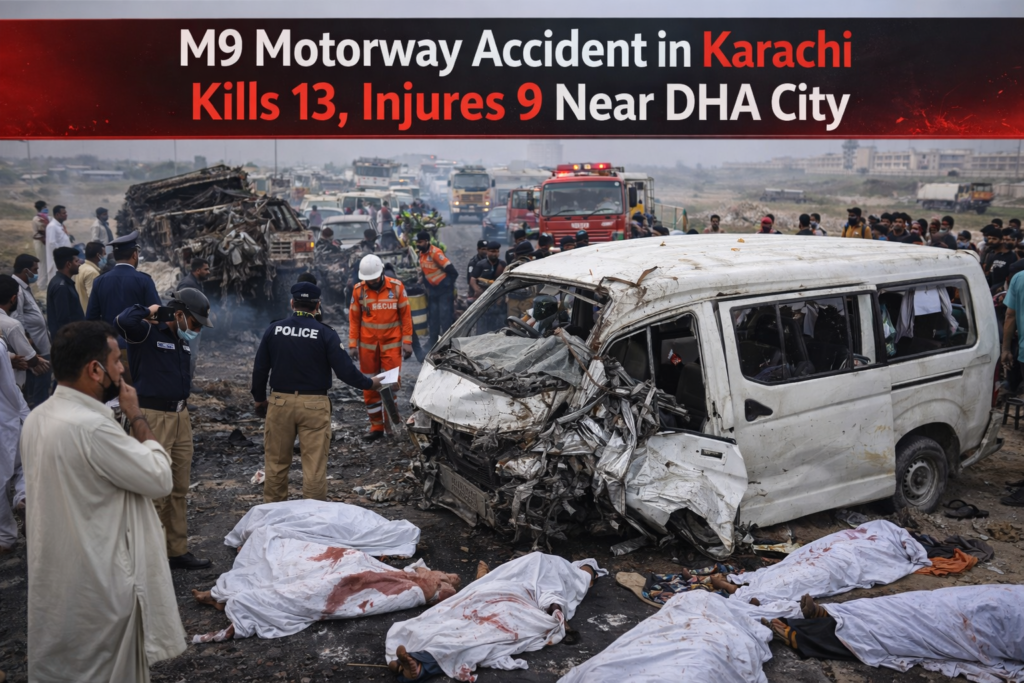 M9 Motorway accident in Karachi near DHA City involving oil tanker and bus