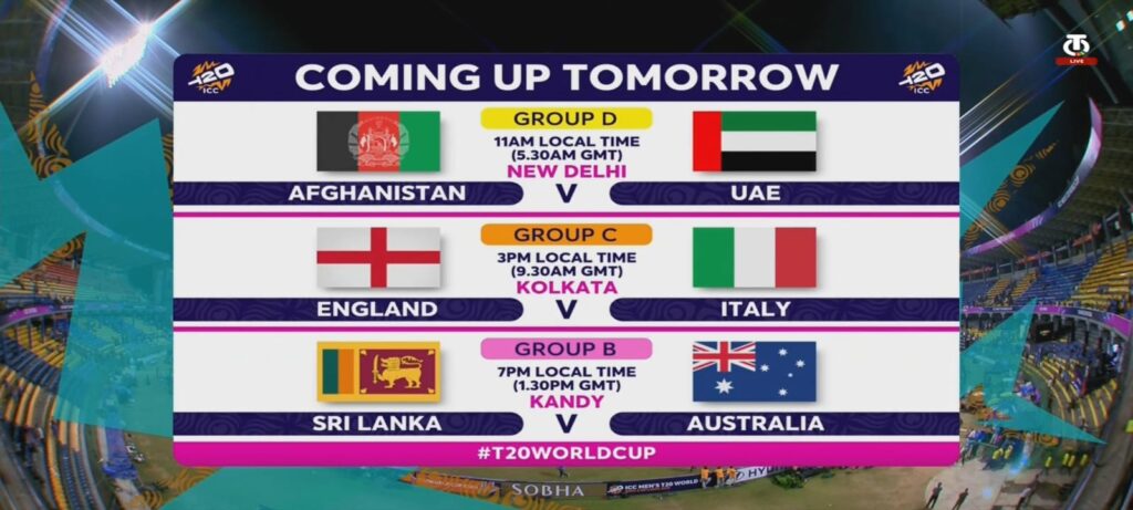 Tomorrow T20 World Cup 2026 matches UAE vs Afghanistan, Italy vs England, Australia vs Sri Lanka with stadium background