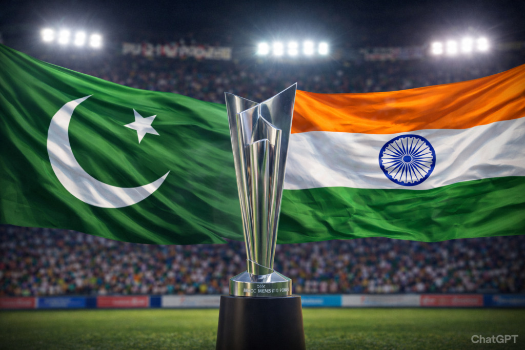 India beats Pakistan T20 World Cup 2026 with flags and trophy in stadium background