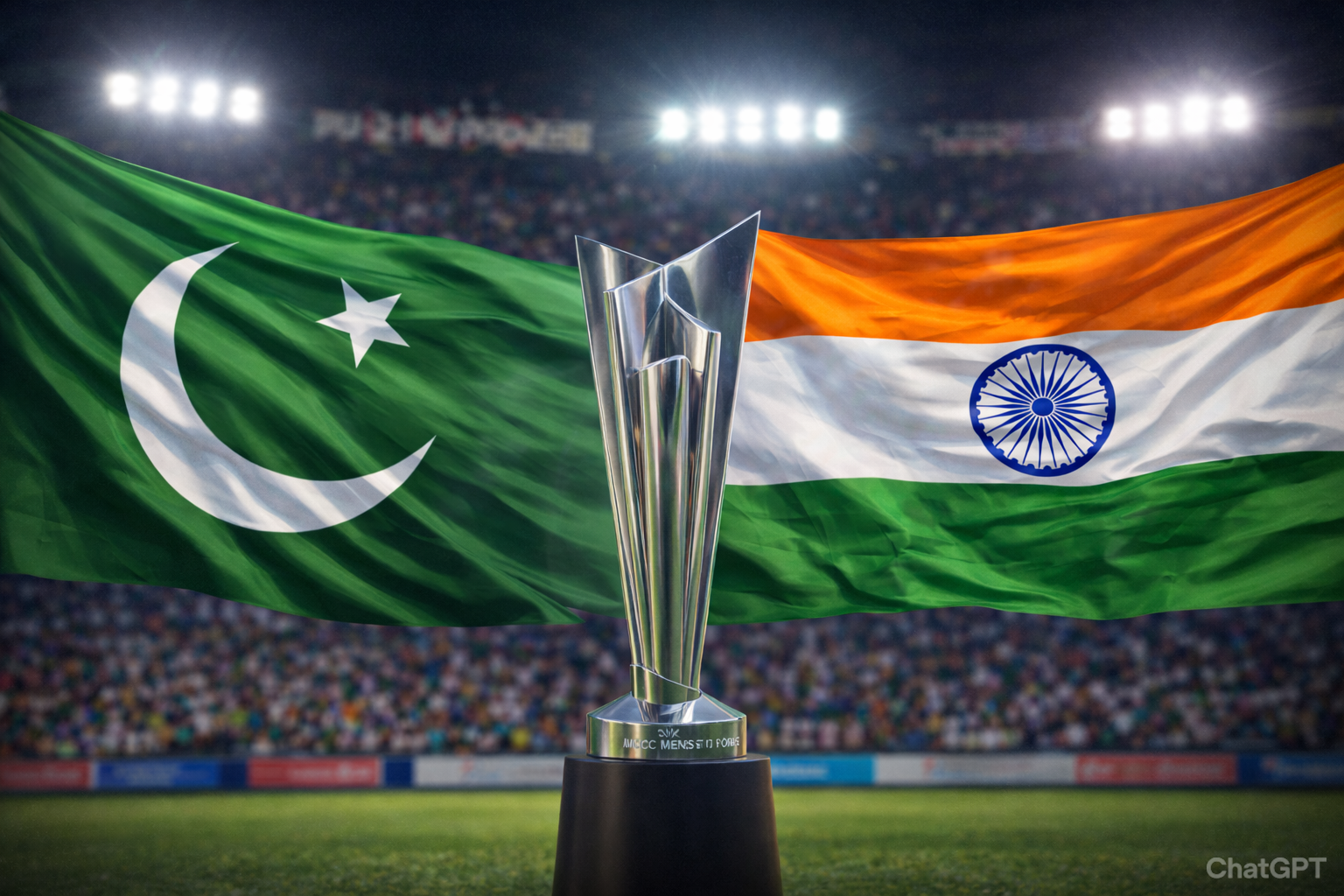 India beats Pakistan T20 World Cup 2026 with flags and trophy in stadium background