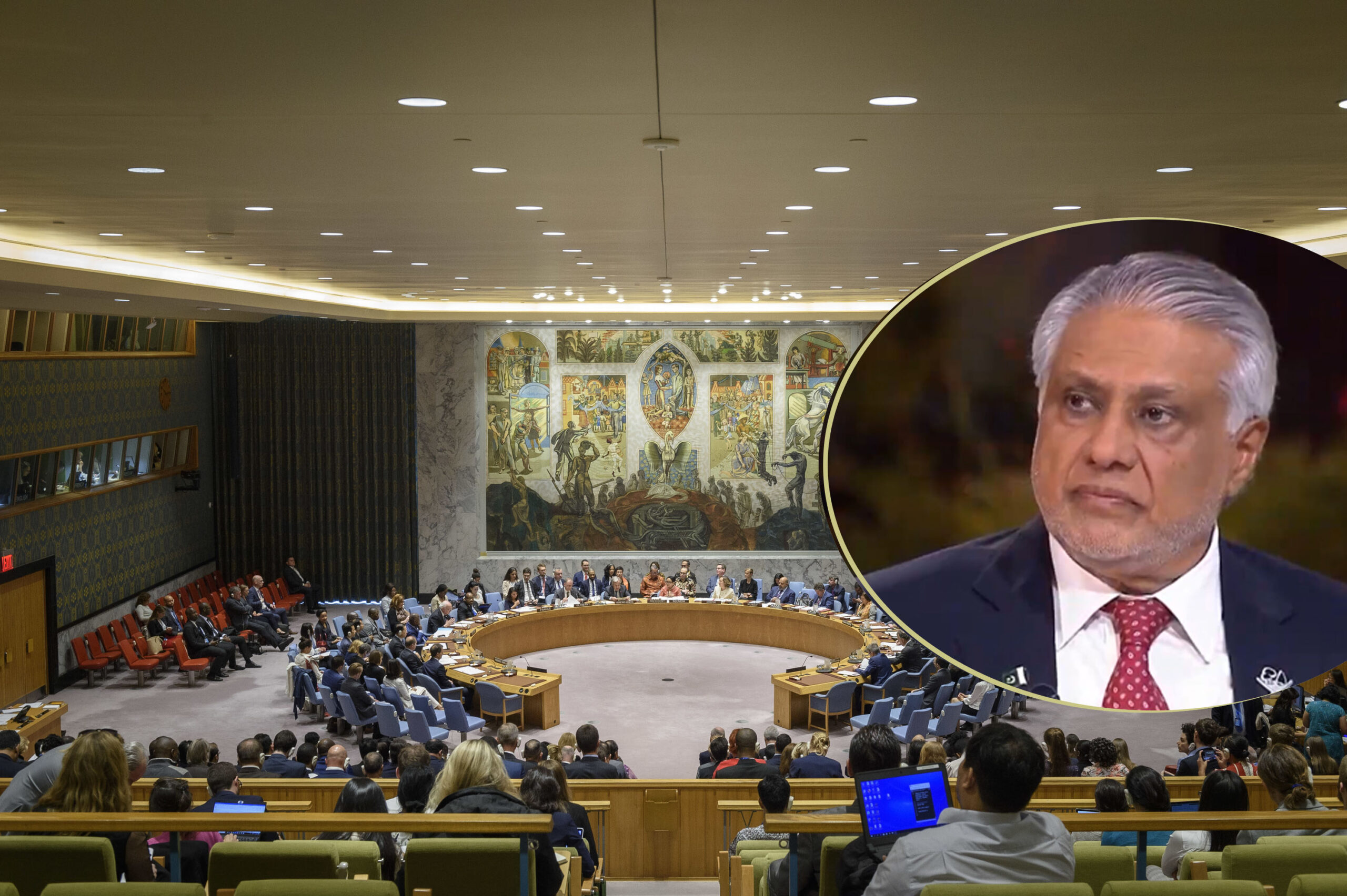 Ishaq Dar addressing UN Security Council on Palestine