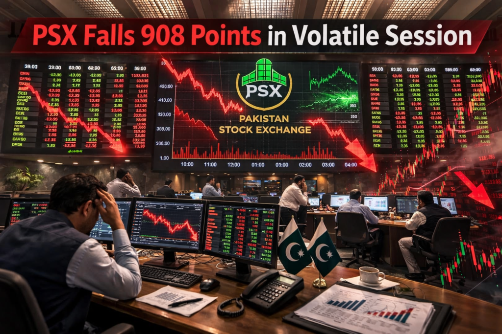 Pakistan Stock Exchange building as PSX falls 908 points