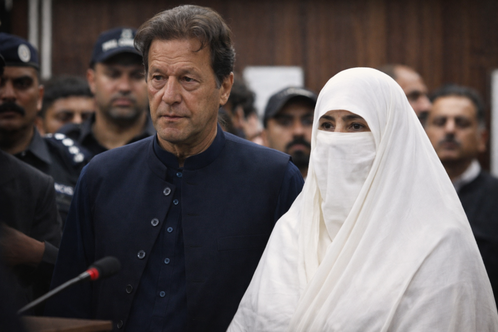 Pre-Arrest Bail for Imran Khan and Bushra Bibi: Islamabad court scene showing Imran Khan and Bushra Bibi during legal proceedings.