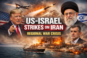 US-Israel Strikes on Iran news headline with simple war crisis background and leaders’ silhouettes.