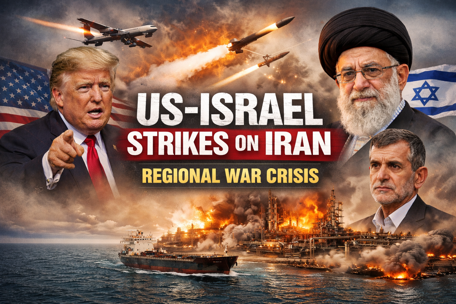 US-Israel Strikes on Iran news headline with simple war crisis background and leaders’ silhouettes.