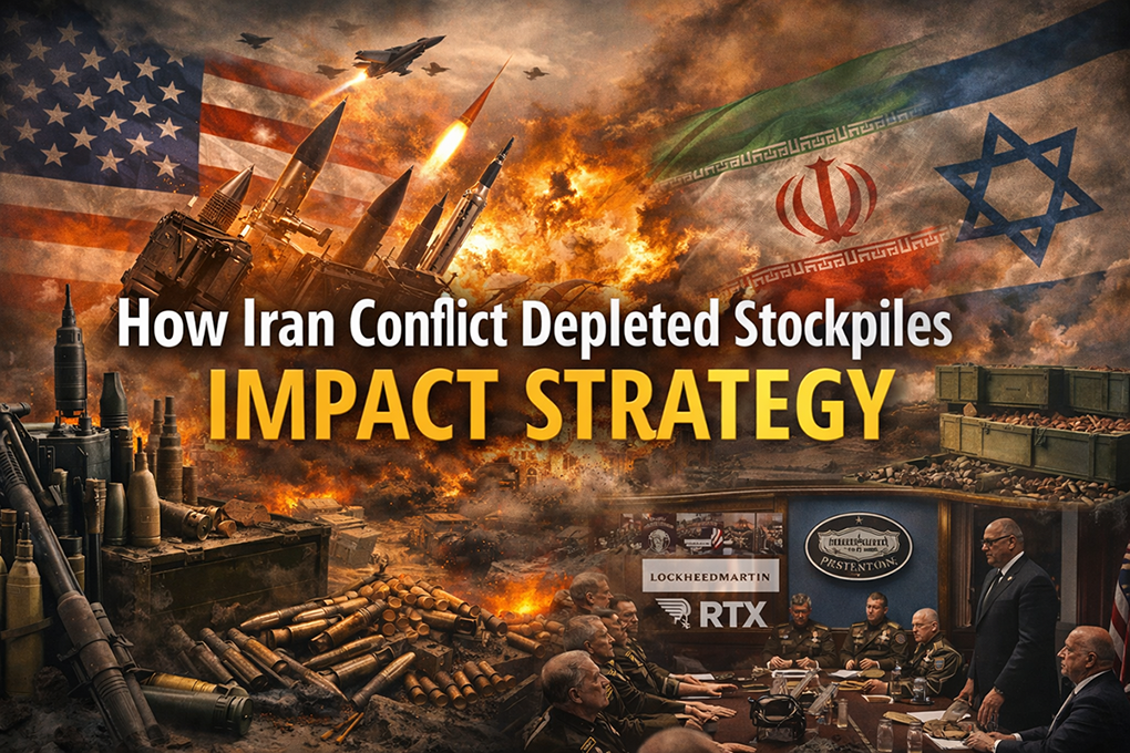Iran Conflict Depleted Stockpiles graphic showing missile systems, military tension, and strategic war planning backdrop