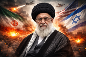 Portrait of Ayatollah Ali Khamenei with fiery war background symbolizing Iran Supreme Leader Succession amid US-Israel tensions