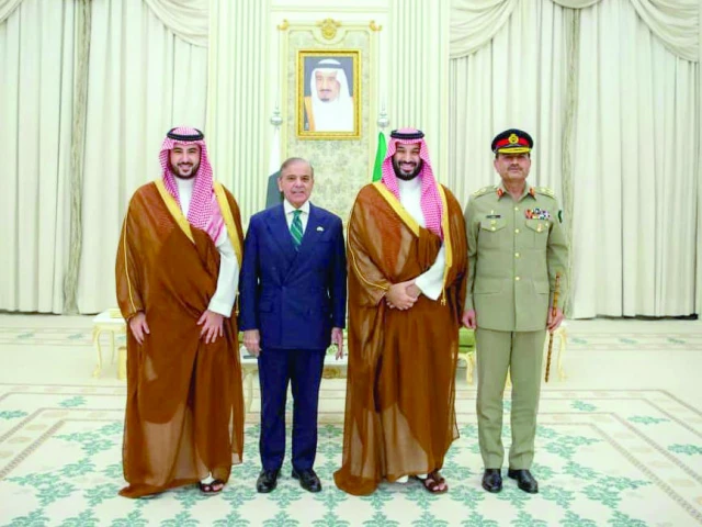 Pakistan Saudi Arabia Defence Support Reaffirmed by Mosharraf Zaidi — Saudi Crown Prince Mohammed bin Salman, Defence Minister Khalid bin Salman, Prime Minister Shehbaz Sharif and Army Chief Field Marshal Syed Asim Munir pose after the signing of a strategic mutual defence agreement in Riyadh.