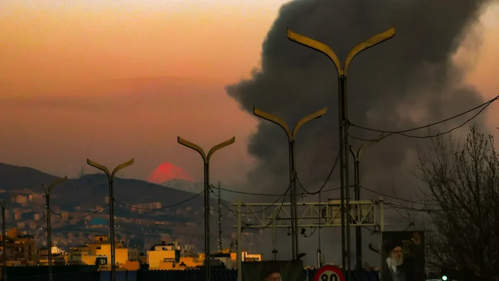 Large explosions and smoke seen across Tehran following military strikes during escalating tensions involving Iran, Israel, and the United States.